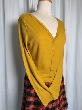 Women's V-Neck Button Front Sweater Cardigan in Mustard